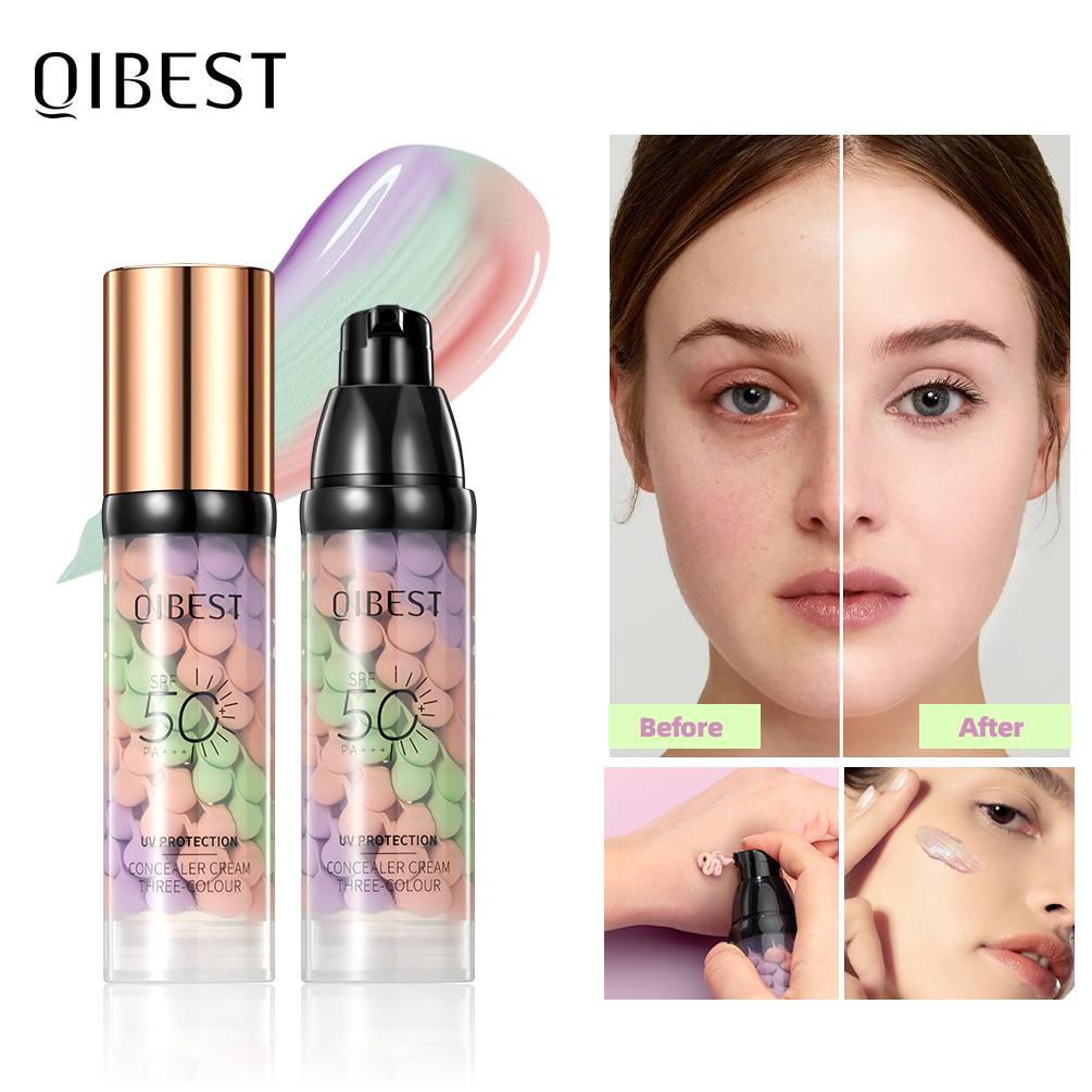 Beauty Makeup Foundation - QIBEST 페이스 메이크업 프라이머 트라이컬러 크림