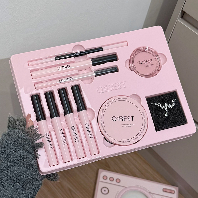 Beauty Makeup Kit Box - QIBEST 핑크 카메라 메이크업 세트 립스틱